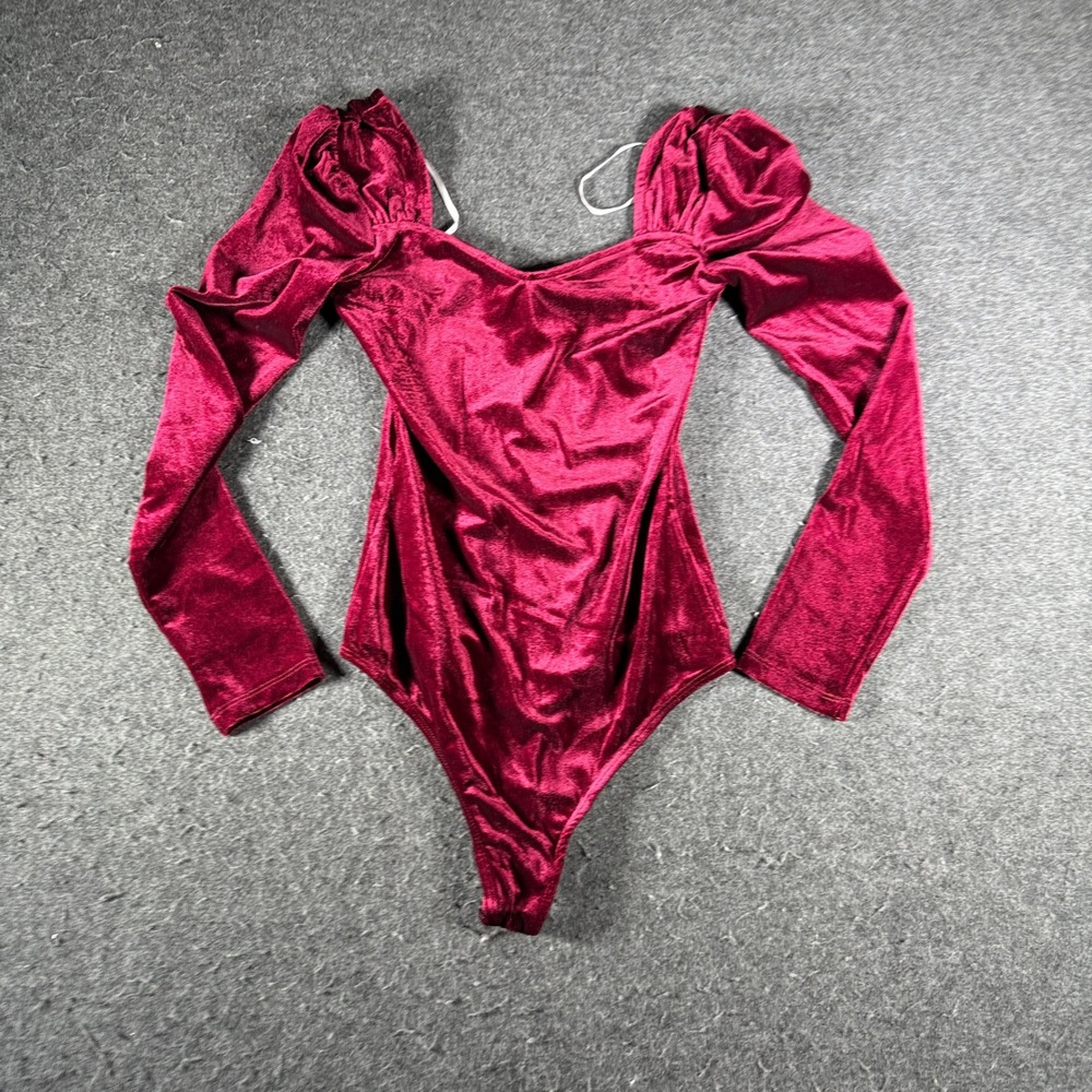 Lulus Burgundy Velvet Sweetheart Puff Sleeve Bodysuit I9T1377 XS